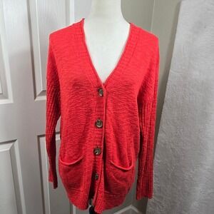 J. Jill Women's Small Red Cotton Blend Button Front Cardigan‎ Sweater Cozy Retro